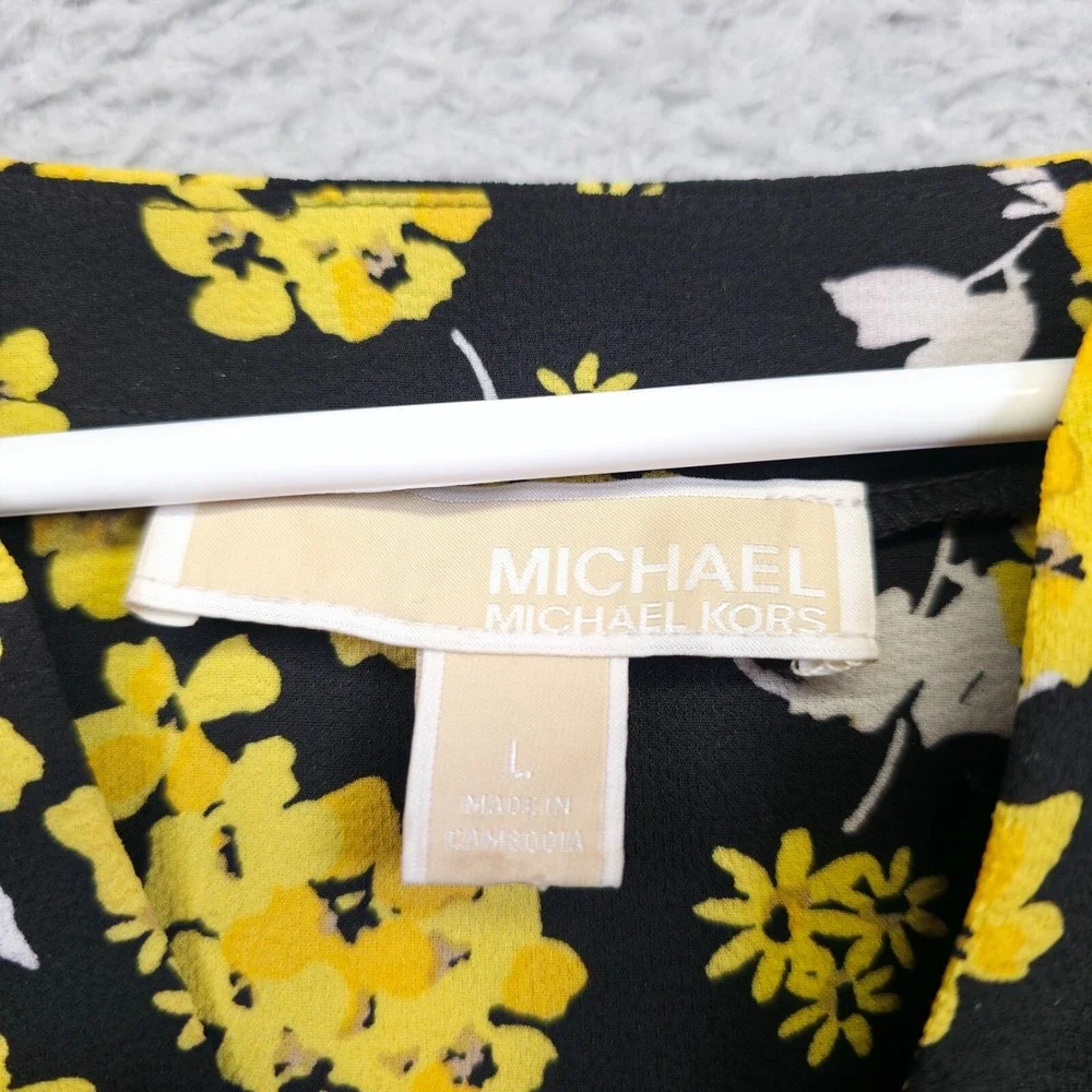 Michael Kors Top Womens L Black Yellow Tie Sleeve Floral Colorful Resort Elegant